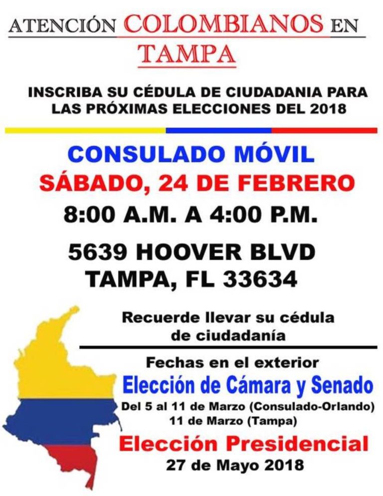 Consulado Movil en Tampa, este sábado de 8am a 4pm registre su cedula